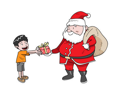 Santa Claus, a hand drawn vector illustration of Santa Claus giving a Christmas present to a boy.のイラスト素材