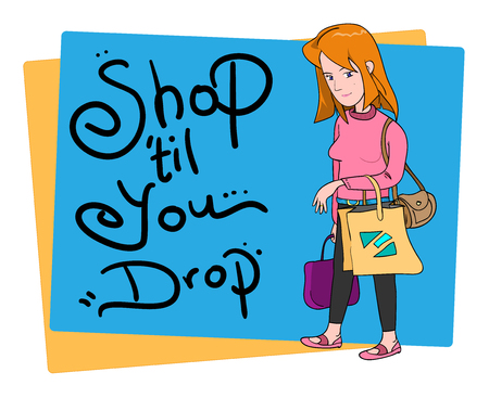 Woman Shopping, a hand drawn illustration of a woman carrying shopping bags with quote and a background drop editable.のイラスト素材