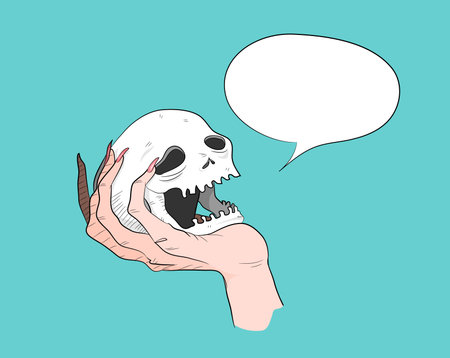 Skull With Text, a hand drawn vector illustration of a hand grabbing a skull hand grabbing skull, bubble text and background are on different groups for easy editing.のイラスト素材