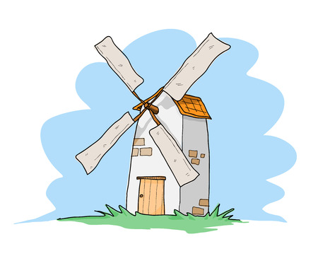 Windmill, a hand drawn vector illustration of a Windmill, isolated on a simple blue sky background editable.のイラスト素材