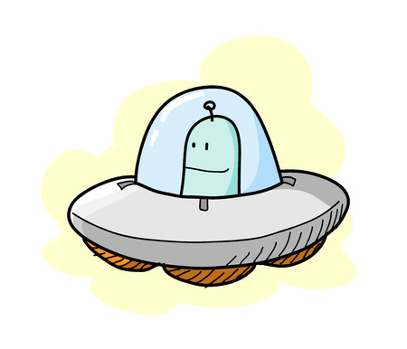 UFO, a hand drawn vector illustration of an alien driving its UFO, isolated on a simple background editable.のイラスト素材