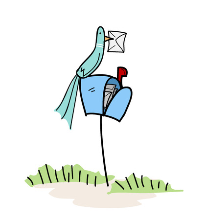 Bird On A Letterbox, a hand drawn vector illustrator of a bird on top of a letterbox with a letter in its beak.のイラスト素材