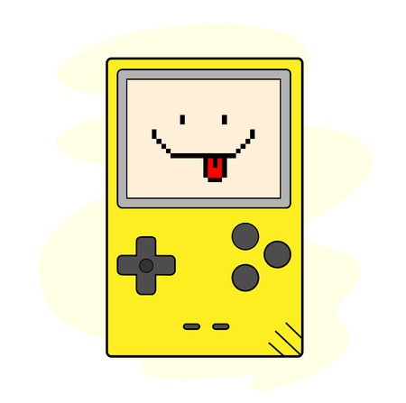 Happy Gaming, a hand drawn vector illustration of a handheld gaming device, the text, game device, and background are on separate groups for easy editing.のイラスト素材