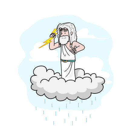 Zeus, a hand drawn vector cartoon illustration of a Greek god, Zeus, standing on a cloud, holding a thunder (the background and raindrops are on separate groups for easy editing).のイラスト素材