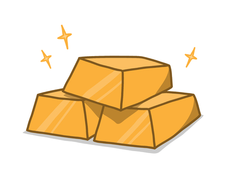 Gold Bars, a hand drawn vector illustration of stacked shiny gold bars (gold bars, sparkles effect and the shadow backdrop are on different groups for easy editing).のイラスト素材
