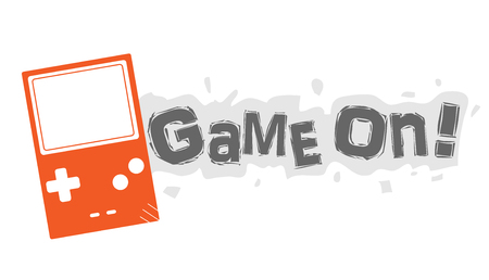 Game On!, a hand drawn vector illustration of a video game handheld console with "Game On!" text next to it (editable).のイラスト素材