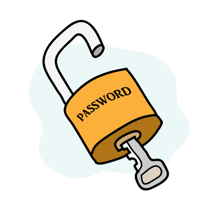 Password Security, a hand drawn vector illustration of a padlock being unlocked, isolated on a simple background (editable).のイラスト素材
