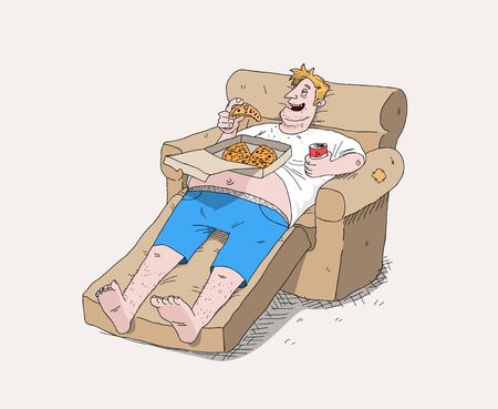 Unhealthy Lifestyle of a fat guy sitting on a couch, eating pizza and drink sodaのイラスト素材