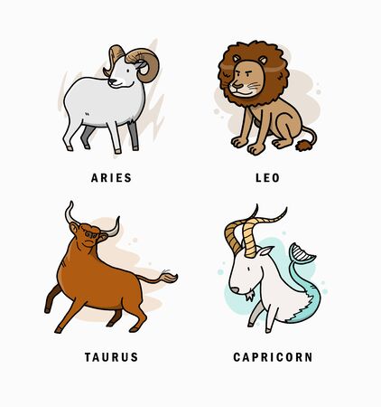 Cute Zodiac Aries, Leo, Taurus, Capricorn Cartoon collection Vector Illustrationのイラスト素材