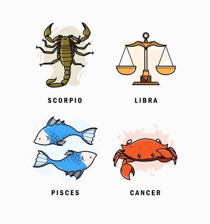 Cute Zodiac Scorpio, Libra, Pisces, Cancer Cartoon collection Vector Illustrationのイラスト素材