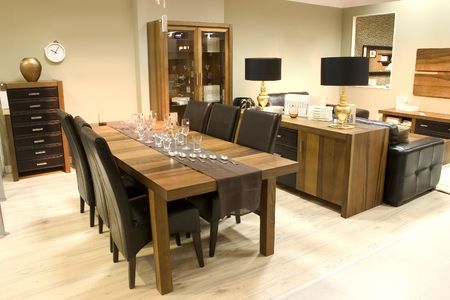Elegnat dining room with wooden furniture.の写真素材