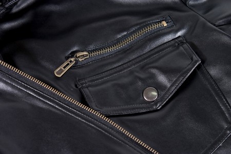 Close up of black leather jacket. Pocket and zipper.の写真素材