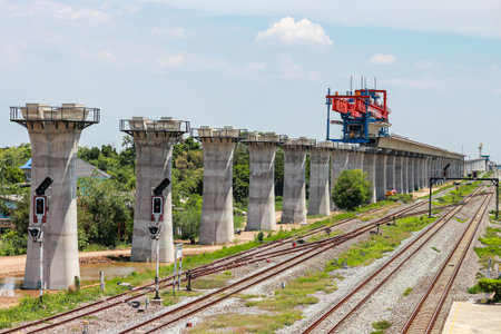 Buildings bridge pillars within train stations road,concept building and construction...