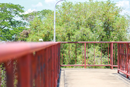 Red bridge over the river in the forest, Thailand. Selective focus.の写真素材