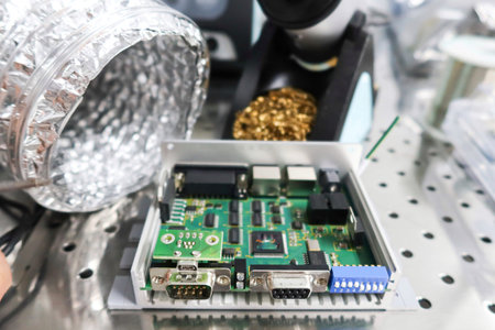 Electronic circuit board with microcircuits on the table in the laboratory