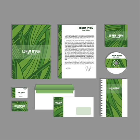 Corporate identity template with hand drawn green exotic tropical leaf pattern, creative stationery branding mock-up set of separated, movable objects.のイラスト素材