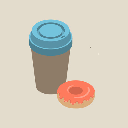 Isometric paper cup of coffee with blue cap and pink glazed donut isolated on beige background, vector illustration.のイラスト素材