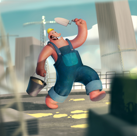 Funny worker foreman in yellow casket construction skyscraperの写真素材