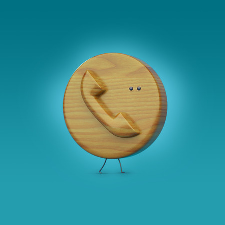 wooden 3D phone icon with legs and an eye, phone character, phone icon, phone object, round iconの写真素材