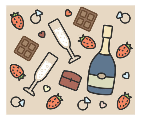 set of vector icons: engagement, champagne, chocolate, strawberry ring glasses decorのイラスト素材