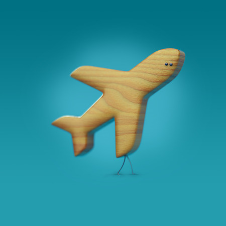 3D icon plane, plane character with legs and eyes, wooden texture, aviamodeの写真素材