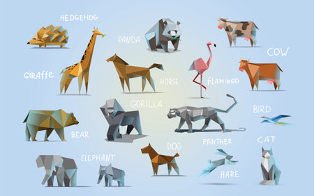 Vector set of different animals, polygonal icons, low poly illustration, cow, bear, dog, cat, elephant, giraffe, panther, flamingo, bird, hedgehog, gorilla, rabbit, horse, modern style, pandaのイラスト素材