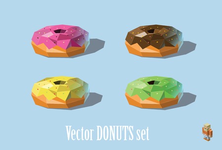 Vector set illustration of donuts; chocolate, strawberry, mint, mellon, modern polygonal food icons, low poly , isolated objectのイラスト素材