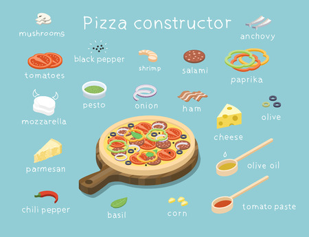 isometric set of ingredients to build custom tasty pizza, 3d flat food icons, tomatoes, mushrooms, mozzarella, peppers, shrimp, salami, cheese, olives, ham, pesto. Delivery pizza serviceのイラスト素材
