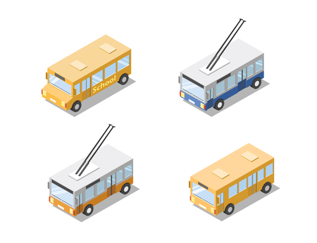 isometric set of public city transport ,orange bus, school bus, trolleybusのイラスト素材