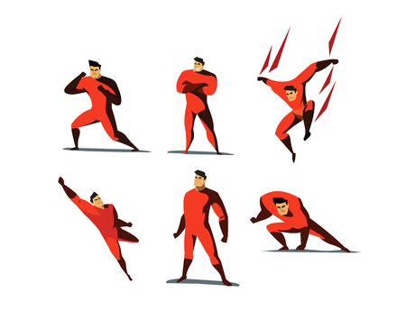 Vector illustration set of Superhero actions, different poses, business power icons set, cartoon colored style, red costume.のイラスト素材