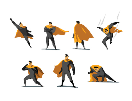 Vector illustration set of Superhero actions, different poses, business power icons set, cartoon colored style, grey and orange costume.のイラスト素材