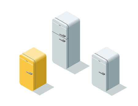 Vector isometric set of fridges, 3d flat refrigerator, kitchen equipment object, home constructor element.のイラスト素材