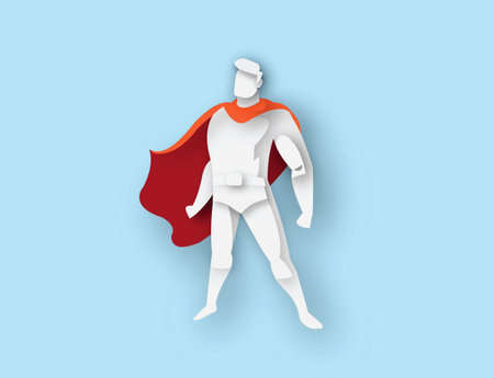 illustration of standing superhero, business power icon,costume with cape, Super Hero cartoon man character, paper style iconの写真素材