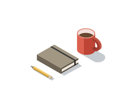 Vector isometric illustration of notebook with coffee cup, 3d flat coffee brake during working day concept.のイラスト素材