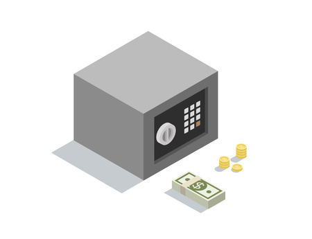 Vector isometric illustration of small money safe with coins end bundle of banknotes. 3d flat banking icon.のイラスト素材