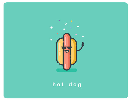 Vector flat icon of hot dog character with sunglasses and smileのイラスト素材