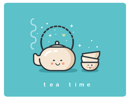 Vector flat icon of tea time, Tea pot and cups cute cartoon characters, tea ceremonyのイラスト素材