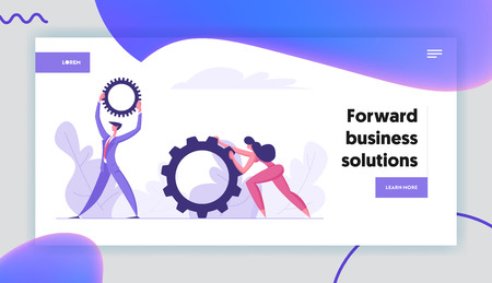 Business Solutions Concept with People Characters Pushing the  Cogwheels. Teamwork Banner with Man and Woman Successful Cooperation Graph for Website, Web Page. Flat Vector Illustrationのイラスト素材