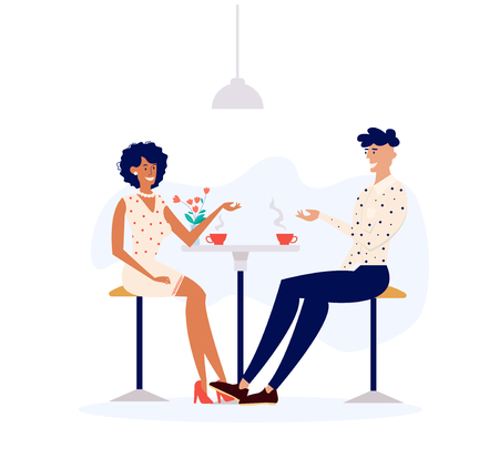 Loving Couple Dating in Cafe. Man and Woman Character Talking Drinking Coffee at Cafeteria Table. Happy Male and Female People on a Lunch Break with Cup of Tea. Vector cartoon illustrationのイラスト素材