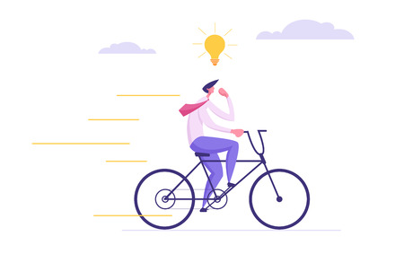 Creative Solutions Business Concept with Businessman Character on a bike Getting Idea as a Lightbulb. Symbol of Out of the Box Thinking, Brainstorming, New Idea, Innovation, Success. Vector illustrationのイラスト素材