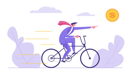 Creative Solutions Business Concept. Businessman Character Driving Bike Point on Dollar Sign. Symbol of Running a Company, Managing, Leadership, Innovation, Success, Ambition, Finance. Vector illustrationのイラスト素材