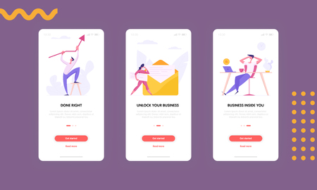 Modern Business Concept Mobile App Page Screen Set. People Characters as Man Holding Arrow Going Up, Woman with Envelope and Relax Businessman for Website Web Page. Flat Cartoon Vector Illustrationのイラスト素材