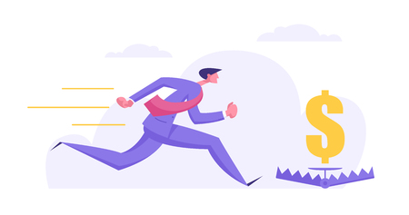Risk Management Business Concept with Greedy Businessman Character Chasing for Money Directly to Bear Trap with Dollar Sign. Banner with Desperate Man Graph for Website, Web Page. Flat Vector Illustrationのイラスト素材
