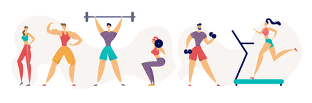 Fitness Gym Healthy Lifestyle Concept with Athletic People Characters Using Fitness Equipment. Sport Set Banner Gymnastics Workout Sit-up, Run Exercises. Flat Vector Illustrationのイラスト素材