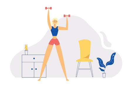 Home Exercises Positive Healthy Lifestyle Concept with Smiling Girl Character Doing Aerobic with Dumbbells at Home. Interior Banner for Female Relax for Website, Web Page. Flat Vector Illustrationのイラスト素材