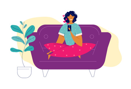 Social Network, Virtual Communication Relationships Concept. Young Female Character Chatting Using Smartphone at Home. Woman Sending Message via Mobile Phone. Vector flat illustrationのイラスト素材