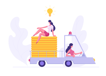 Business Innovational Success, Financial Wealth Concept with Businesswomen Characters Driving Truck Car with Money and Idea Bulb. Banner for Website, Web Page, Poster or Wallpaper. Flat Vector Illustrationのイラスト素材