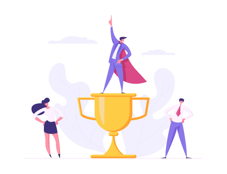 Business Team Spirit Creative Success Cooperation Concept with Proud Business people Characters with Gold Cup Prize. Banner for Website, Web Page, Poster or Wallpaper. Flat Vector Illustrationのイラスト素材