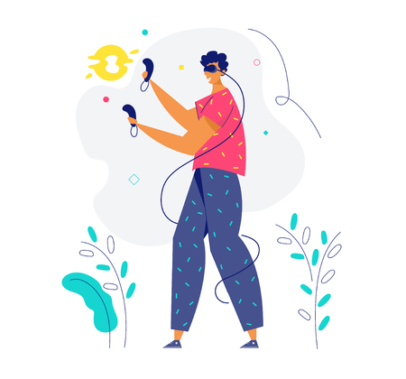 Virtual Reality Augmented Concept. Male Character with VR Glasses and Controllers Playing Online  Games. New Technology Gadgets for Website, Banner, Poster. Flat Vector Illustrationのイラスト素材