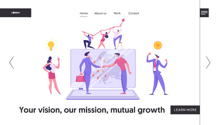 Global Business Concept Landing Page Template. Teamwork Cooperation with Business People Characters Handshaking behind World Map on Laptop. Businessman and Businesswoman Partnership Banner, Website. Vector Flat illustrationのイラスト素材